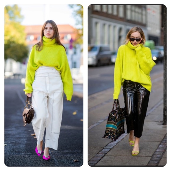 Neon green chunky knit sweater waffle neck size M - Picture 1 of 12